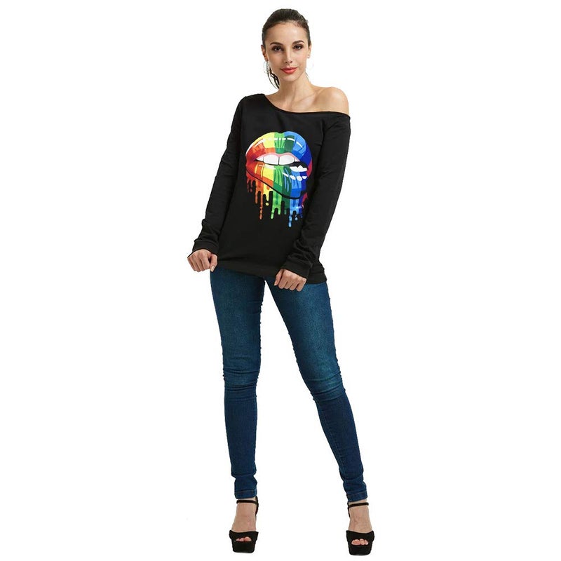 MAGICMK 80s Outfit for Women,Off Shoulder Long Sleeve,80s Outfit Sweatshirt Slouchy Printed Neon Long Tunics Top for Party (4XL) - Image 4